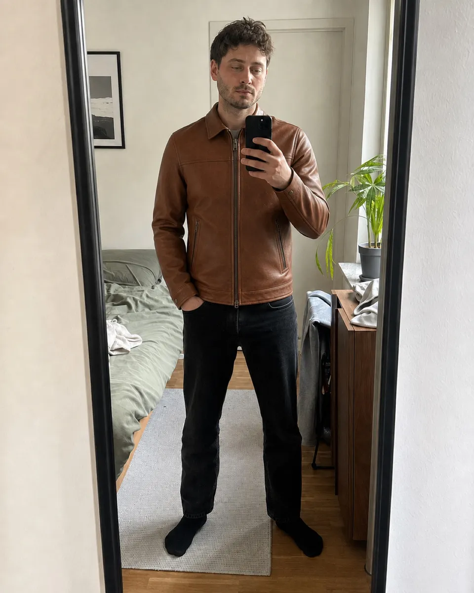 AI preview of a brown leather jacket in the same photo